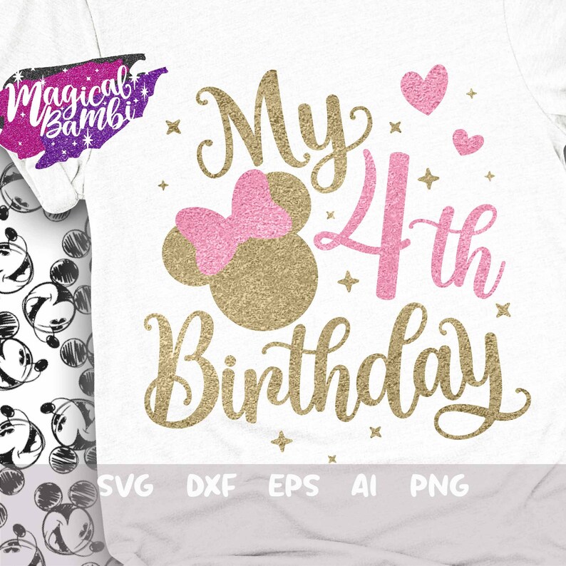 May include: Gold glitter "My 4th Birthday" text with a pink glitter bow and pink hearts on a white background.
