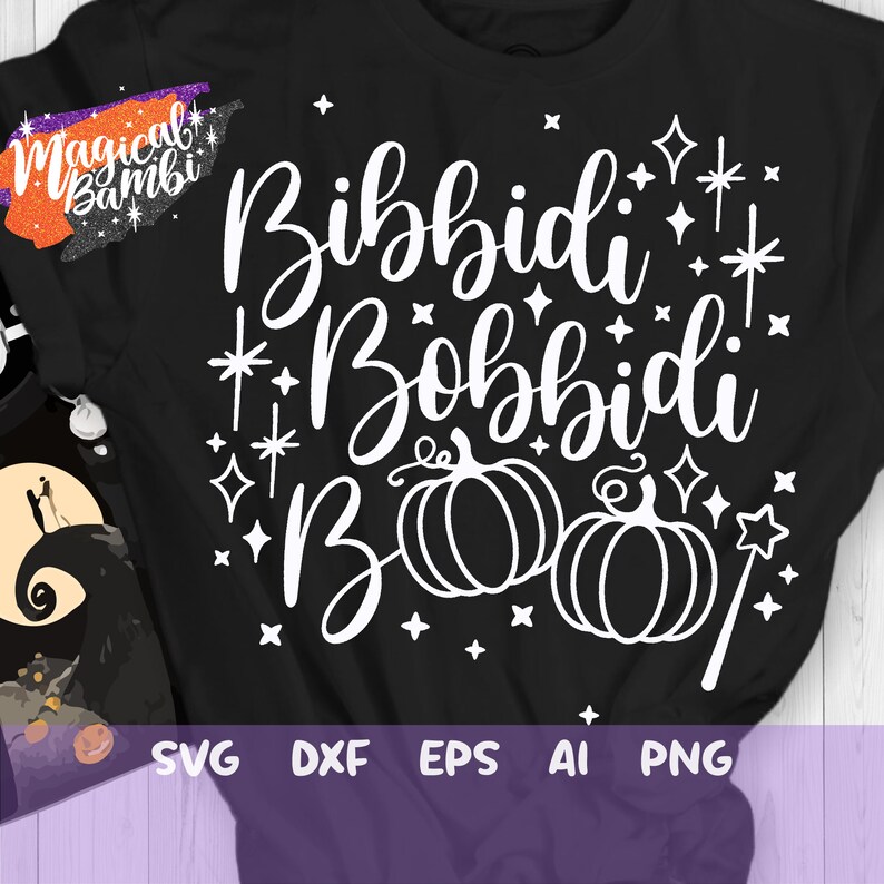 May include: A black t-shirt with white text that reads "Bibbidi Bobbidi Boo" with two pumpkins and stars. The text "Magical Bambi" is in the top left corner of the shirt.