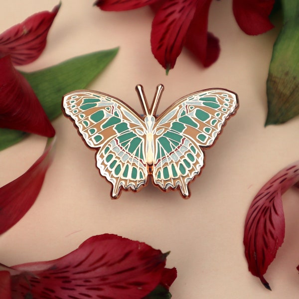 Malachite Butterfly Enamel Pin - Ventral or Underwing Colors | Rose Gold Toned Glitter | Accessories Entomology