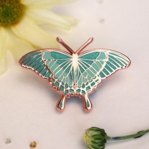 Emerald Swallowtail Butterfly Enamel Pin | Papilio palinurus | Patches Pins Rose Gold Lapel Brooch Glitter Entomology Accessories Butterfly