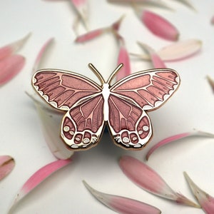 Dusty Pink Amber Phantom Butterfly Enamel Pin | Translucent | Patches & Pins | Pins and Pinback Lapel Brooch | Sandblast Gold Tone