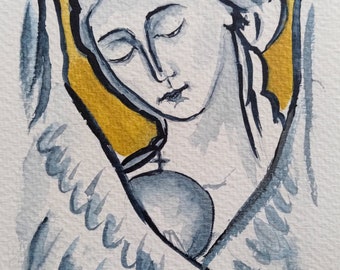 Dipinto acquarello angelo custode fatto a mano, icona