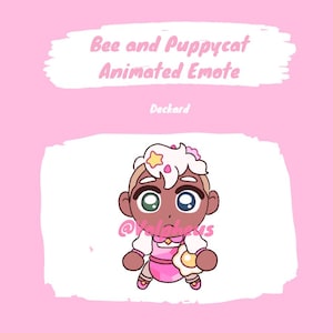 May include: Animated digital illustration of a cartoon character with white hair, brown skin, and large blue eyes. The character is wearing a pink dress with a white apron and a yellow star on their head. The character is holding a yellow egg in their right hand. The text "Bee and Puppycat Animated Emote" and "Deckard" are visible above the character.