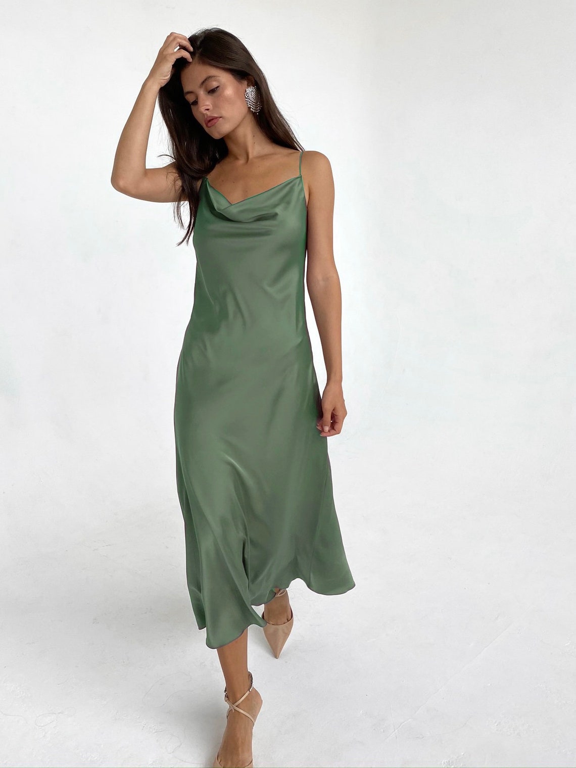 sage satin gown