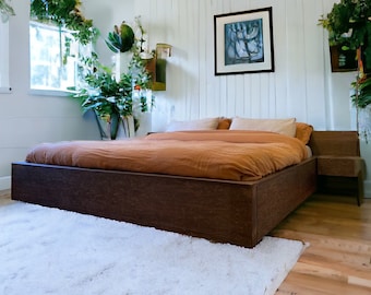 Platform Bed Frame with Hidden Storage - Red Oak Low Profile Bedframe - Handmade Furniture for Home Decor