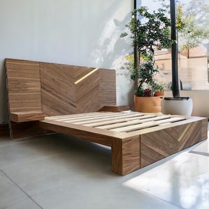 Walnut Chevron Platform Bed Frame with Nightstands