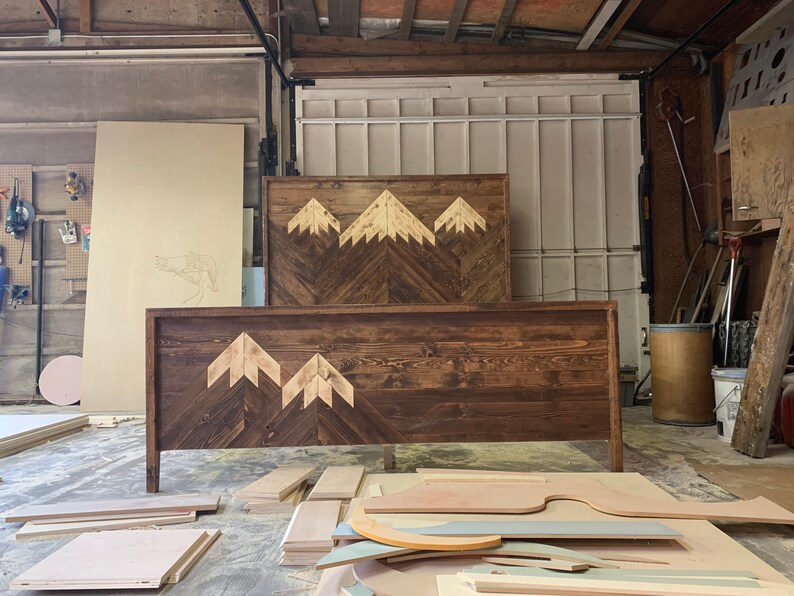 Wood Mountain Themed Bed With Headboard White Mountain Caps Etsy