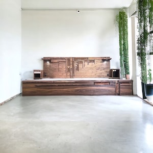 Walnut Platform Bed Frame: Rustic Modern Design, Integrated Nightstands