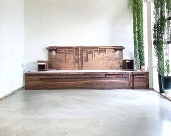 Handcrafted Wood Platform Bed Frame | Historic, Rustic | Walnut | Reclaimed Metal Accents from Historic Home - "Wright"