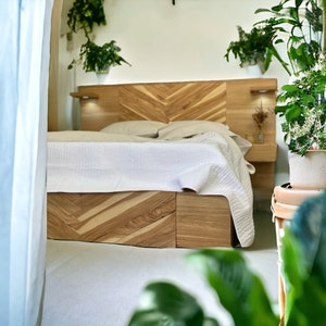 Handcrafted Wood Platform Bed Frame | Modern | Hickory | Headboard w/ Hickory Chevron Design - "Hickory Mona"