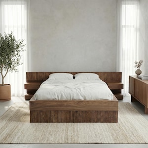 Walnut Fluted Platform Bed Frame: Modern Oana Style