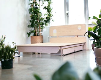 Handmade Red Oak Platform Bed Frame – Modern Ceramic Accent