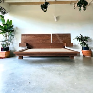 Handcrafted Wood Platform Bed Frame | Walnut | Modern Split and Angled Headboard w/ Walnut Accents | Unique Wide & Low Profile - "Ursenbach"