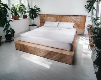 Handcrafted Wood Platform Bed Frame | Pine | Modern Headboard w/ Pine "Weave" inspired by Grain Feeders in Canadian Praries - "Farmer"