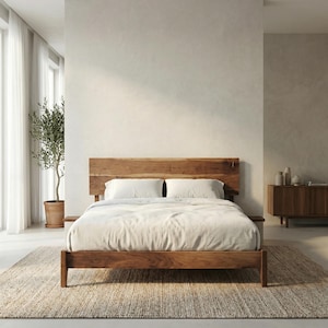 May include: A wooden bed frame with a headboard, two pillows, and a white comforter. The bed is on a woven rug. A potted plant and a wooden cabinet are in the background. The room has a neutral color palette.
