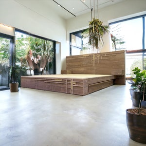 Handcrafted Wood Platform Bed Frame | Walnut | Rustic | Subtle Integrated Brass Accents - "Walnut Mondrian"