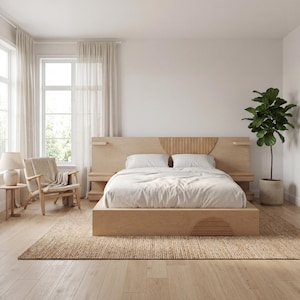 May include: A light wood bed frame with a matching headboard featuring a geometric design and built-in nightstands. The bed is made up with white linens. A woven rug and a potted plant complete the bedroom setting.