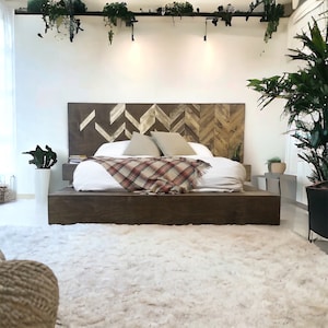 Handcrafted Wood Platform Bed Frame | Dark Walnut | Modern Dispersing Chevron Pattern w/ Alberta Pine - "Fading Herringbone"