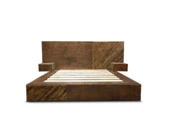 Industrial Platform Bed Frame With Headboard | Walnut Wood Bed Frame