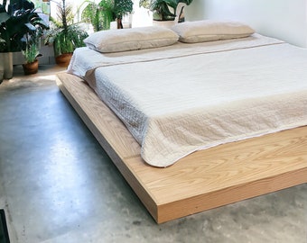 Hand Crafted Wood Low Platform Bed Frame | Red Oak | Modern Design - "Low Red”