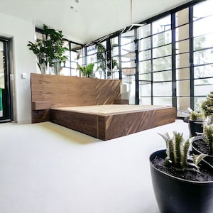 Handcrafted Wood Platform Bed Frame | Walnut | Industrial, Architectural Angled Grain Design - "Ranger Wood"