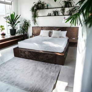 Handcrafted Wood Platform Bed Frame | Dark Walnut | Modern Headboard w/ Alberta Pine Chevron Design - "Buck"