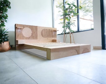 Handcrafted Wood Platform Bed Frame | White/Red Oak | Modern, Scandinavian Design w/ White/Red Oak  - "The Bauhausser"