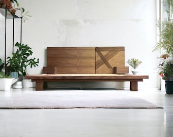 Handcrafted Wood Platform Bed Frame | Walnut | Modern Split Headboard w/ Walnut Accents | Unique Wide & Low Profile - "Flat Ursenbach"