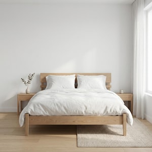 May include: A wooden bed frame with a white duvet and pillows. Two matching bedside tables are either side of the bed, each with a small vase and a mug. A neutral rug is at the foot of the bed, and a white curtain hangs in the background.