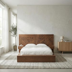 May include: A contemporary wooden bed with a geometric headboard design. The bed features integrated bedside tables. The bedding is white, and the room has a neutral colour scheme with a rug. The bed's dimensions are approximately 200 cm in length.