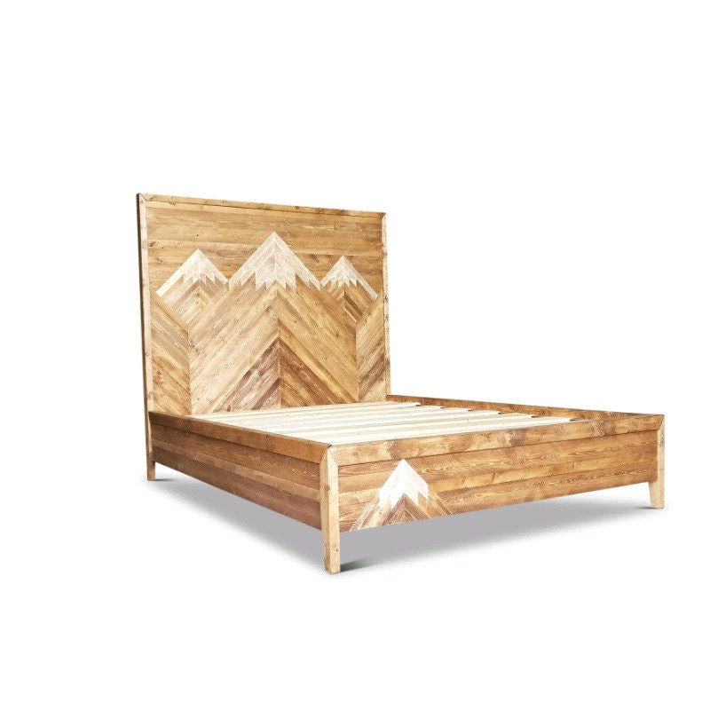 Wood Mountain Themed Bed With Headboard White Mountain Caps Etsy