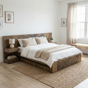 May include: A rustic wooden bed frame with a chevron-patterned headboard and built-in nightstands. The bed is made up with white linens, beige pillows, and a chunky knit throw. A jute rug sits beneath the bed, adding warmth to the room.