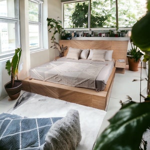 Handcrafted Wood Platform Bed Frame | Modern | White Oak | Headboard w/ Walnut Chevron Design - "Mona"