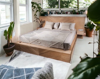 Handcrafted Wood Platform Bed Frame | Modern | White Oak | Headboard w/ Walnut Chevron Design - "Mona"