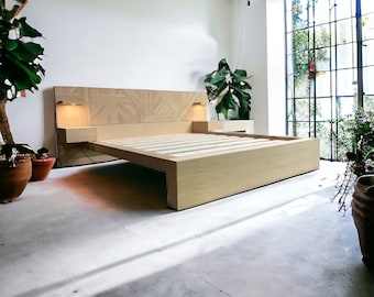 Handcrafted Wood Platform Bed Frame | White Oak | Modern Headboard w/ White Oak "Weave", Hand Cut & Finished - "White Oak Weave"