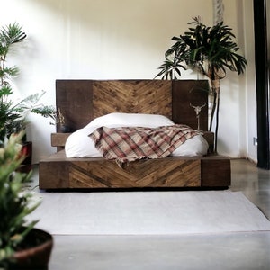 Handcrafted Wood Platform Bed Frame Dark Walnut Modern Headboard w/ Alberta Pine Chevron Design Buck image 3