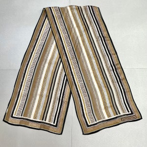 Vintage Jones New York Long Scarf, Caramel Brown Black White Gray Stripes Brown Black Frame Scarf, 51” x 11” Signed Accessories.
