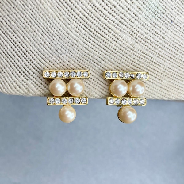 Vintage Monet Geometric Earrings, Gold Tone White Pearl Cabochons Clear Rhinestones Clip on Earrings, Signed Estate Jewelry, Gift for Her.