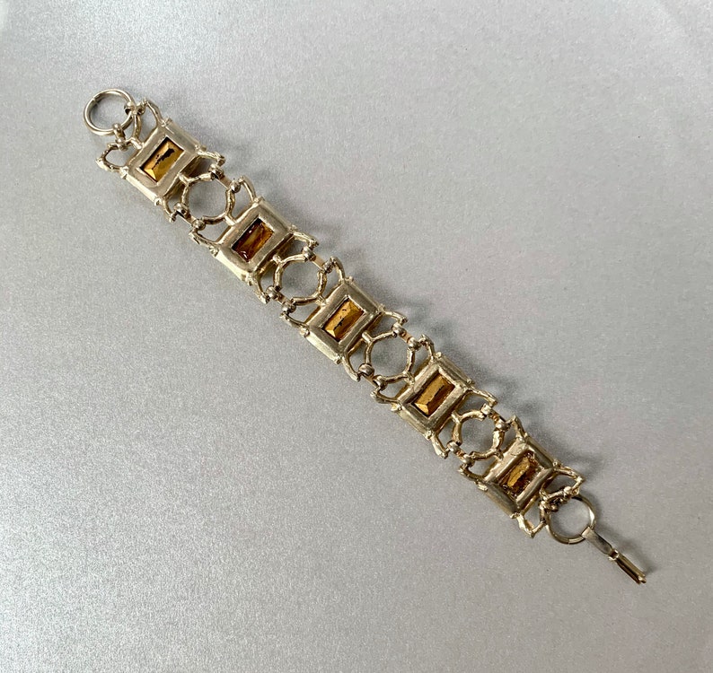 Bangle Jewelry Vintage Yellow Citrine Rhinestones Bracelet Silver Tone Victorian Revival Bracelet Gift for Her.