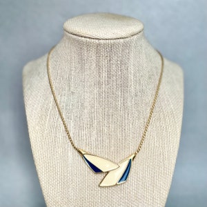 Vintage Monet Choker Necklace, Gold Tone Navy Blue Off White Enamel Leaves Pendant Chain Necklace, Signed Estate Jewelry, Gift for Her.