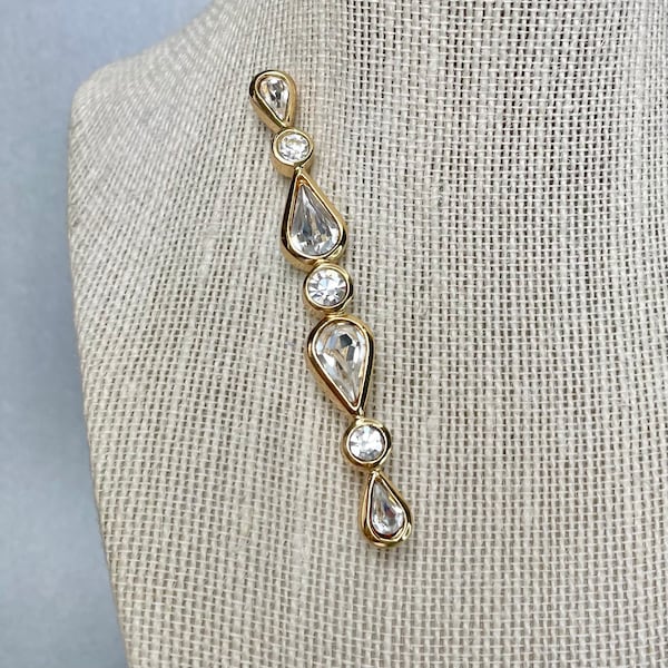 Vintage Christian Dior Germany Brooch, Gold Tone Clear Crystal Rhinestones Pin Broach, Authentic Chr Dior Signed Jewelry, Gift for Her.