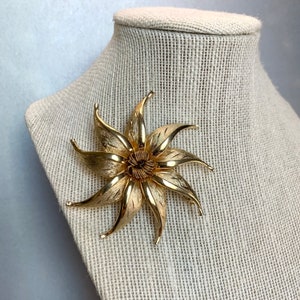 Vintage Kramer Flower Brooch, Gold Tone Scarf Lapel Floral Pin, MidCentury Signed Jewelry, Gifts for Her.