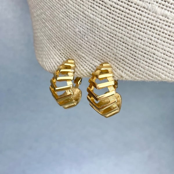 Vintage Crown Trifari Half Hoop Earrings, Gold Tone Geometric Filigree Hoop Clip On Earrings, Signed Estate Costume Jewelry, Gifts for Her.