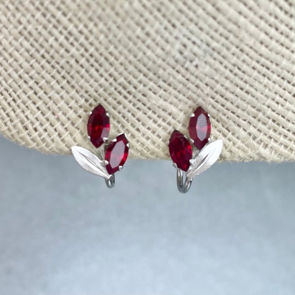 Vintage Van Dell Sterling Mini Leaf Earrings, Silver Red Marquise Rhinestones Screw Back Earrings, Estate Costume Jewelry, Gift for Her.