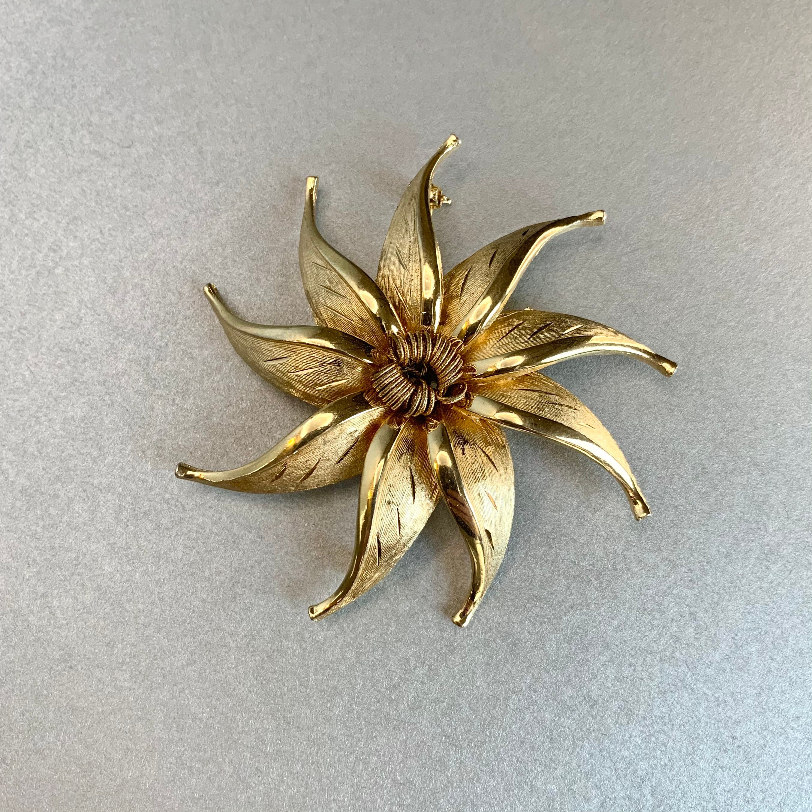 Vintage Kramer Flower Brooch, Gold Tone Scarf Lapel Floral