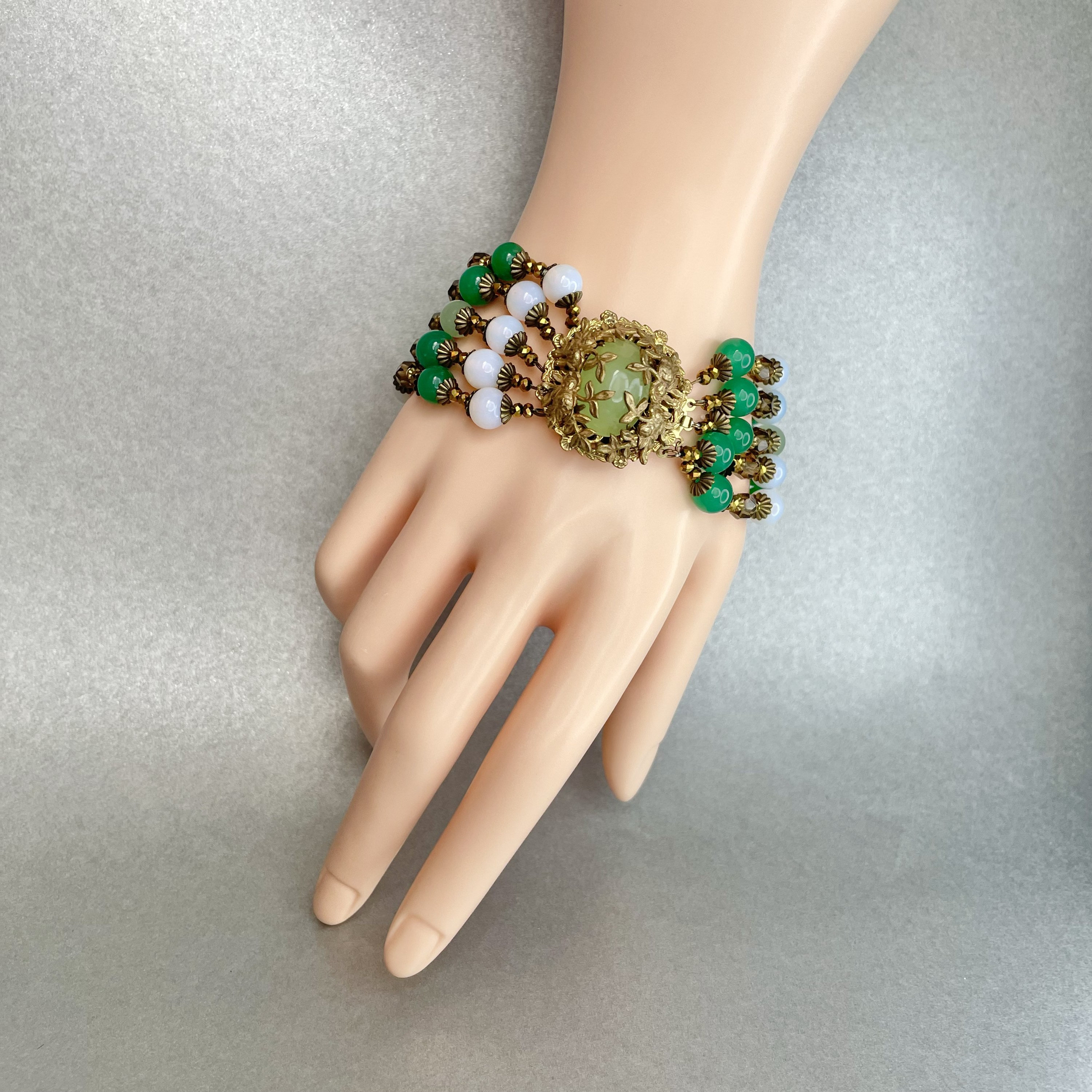 Vintage Miriam Haskell Bracelet: Green Jade Glass Bead, Gold Tone