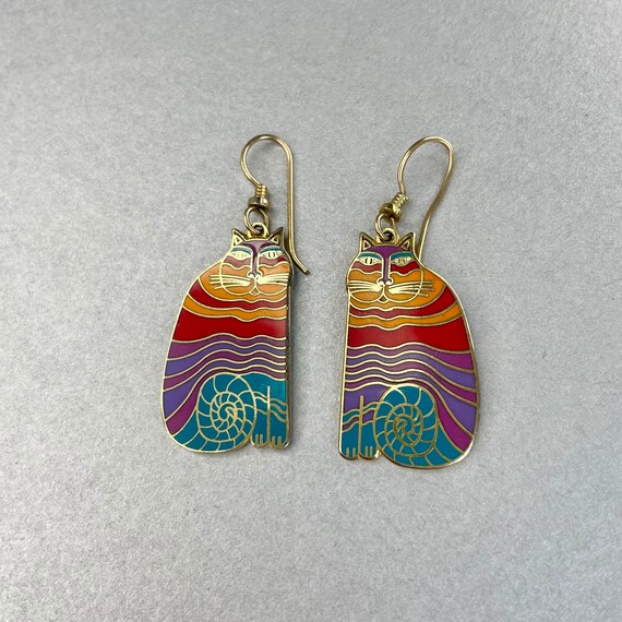 Vintage Laurel Burch Rainbow Cats Earrings, Gold … - image 2