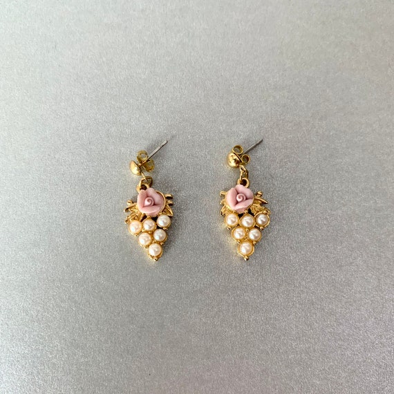 Vintage Avon Earrings Seed bead Signed Jewelry Gold Tone Signed Pearl Rose Dangle Vine Earrings Mom Gift.