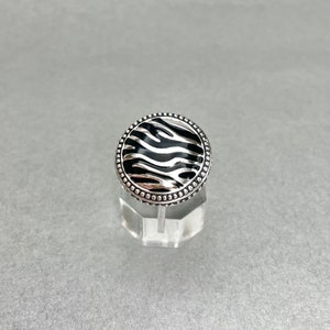 Vintage Zibra Pattern Ring, Silver Tone Black Enamel Size 8 Ring, Estate Costume Jewelry, Gift for Her.