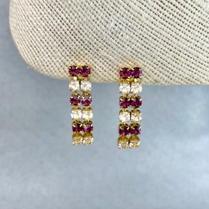 Vintage Trifari TM Long Earrings, Gold Tone Pink Clear Rhinestones Double Lined Dangle Clip On Earrings, Signed Estate Costume Jewelry, Gift